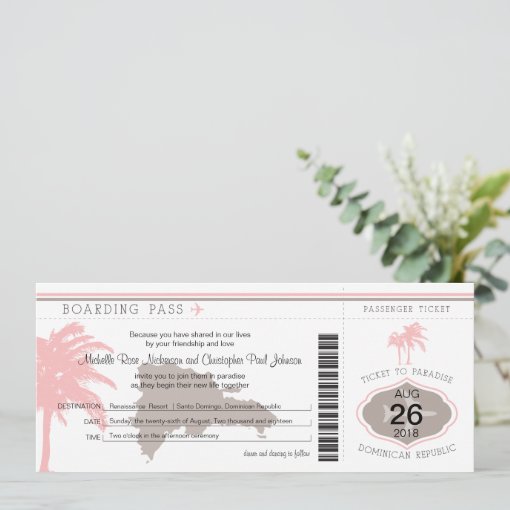 Boarding Pass to Dominican Republic Brown & Pink Invitation | Zazzle