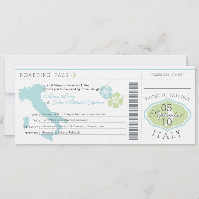 Boarding Pass to Italy Wedding Invitation (Front)