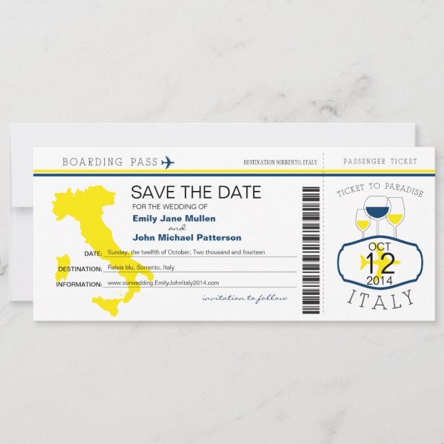 Boarding Pass to Italy Wedding Invitation (Front)