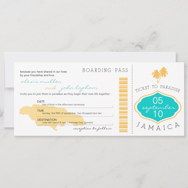 Boarding Pass to Jamaica Wedding Invitation (Front)