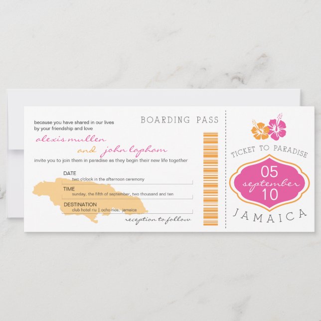 Boarding Pass to Jamaica Wedding Invitation (Front)