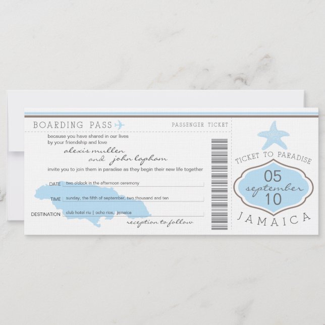 Boarding Pass to Jamaica Wedding Invitation (Front)
