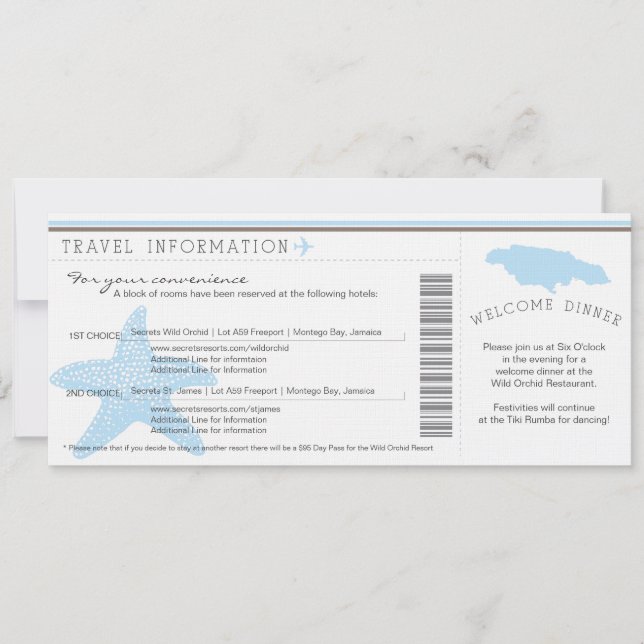 Boarding Pass to Jamaica Wedding Travel Info Invitation (Front)