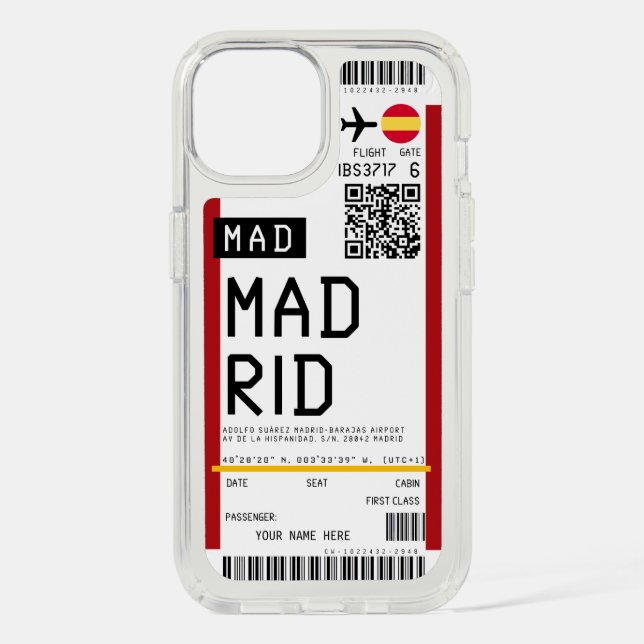 Boarding pass to Madrid (MAD) Custom Name case (Front)