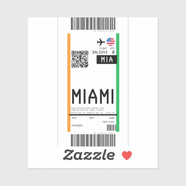 Boarding pass to Miami (MIA) Sticker (Sheet)