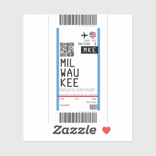 Boarding pass to Milwaukee MKE Sticker