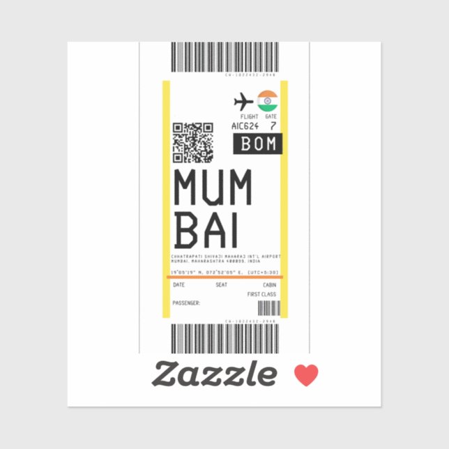Boarding pass to Mumbai (BOM) Sticker (Sheet)