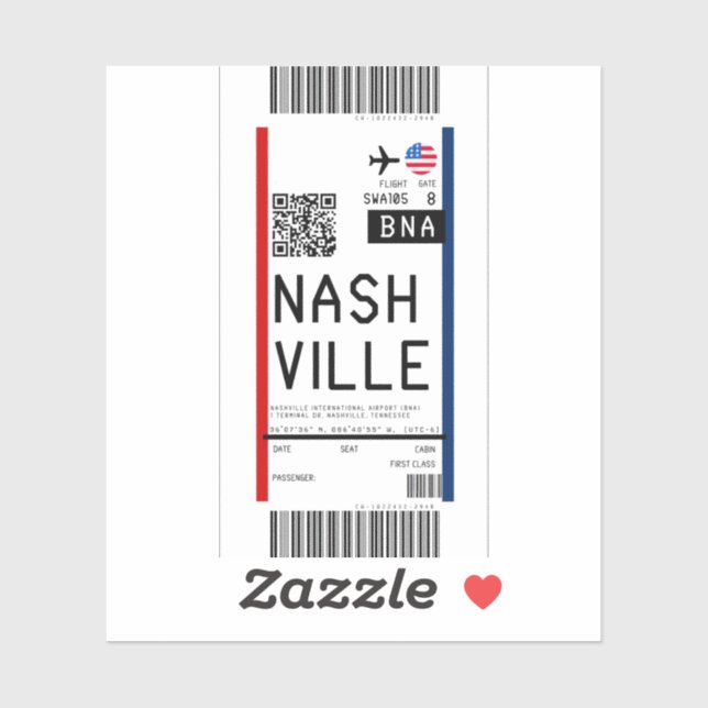 Boarding pass to Nashville (BNA) Sticker (Sheet)