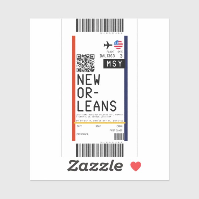 Boarding pass to New Orleans (MSY) Sticker (Sheet)