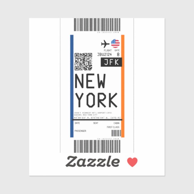 Boarding pass to New York (JFK) Sticker (Sheet)