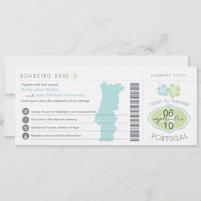Boarding Pass to Portugal Wedding Invitation (Front)