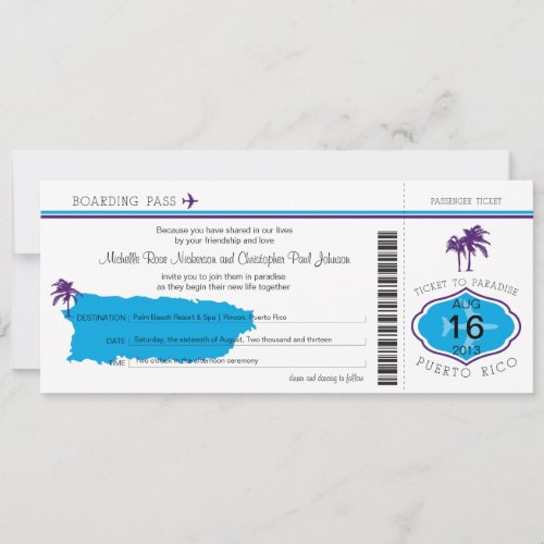 Boarding Pass to Puerto Rico Wedding Invitation