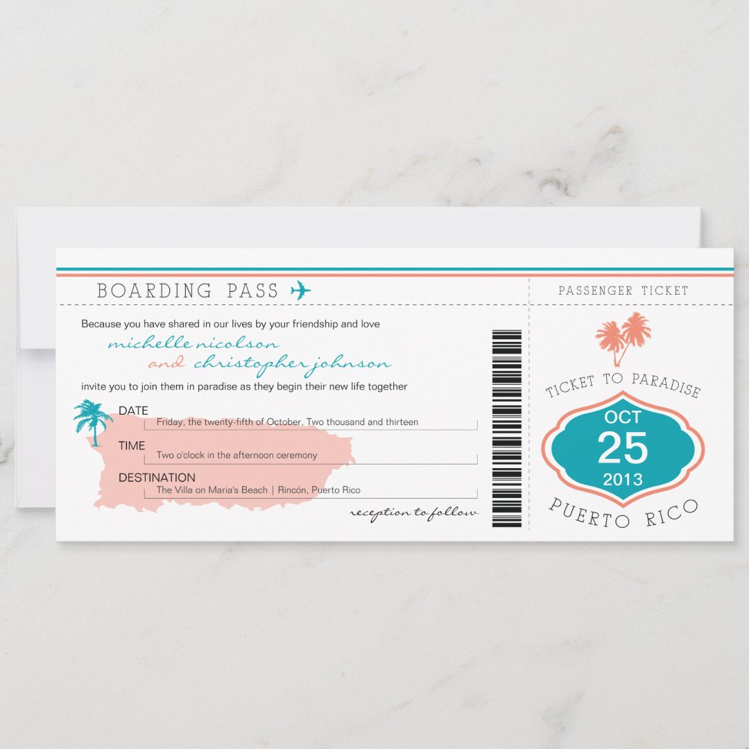 Boarding Pass to Puerto Rico Wedding Invitation | Zazzle