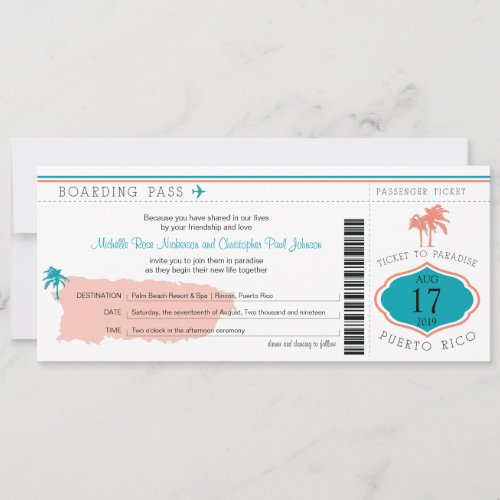 Boarding Pass to Puerto Rico Wedding Invitation