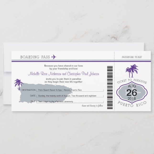 Boarding Pass to Puerto Rico Wedding Invitation (Front)