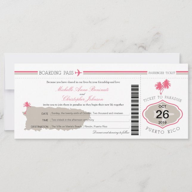 Boarding Pass to Puerto Rico Wedding Invitation (Front)