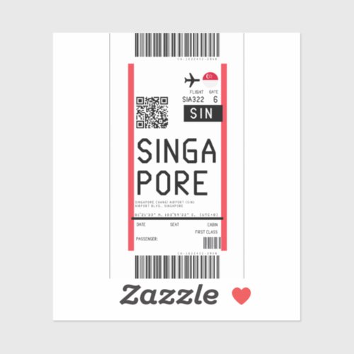 Boarding pass to Singapore SIN Sticker