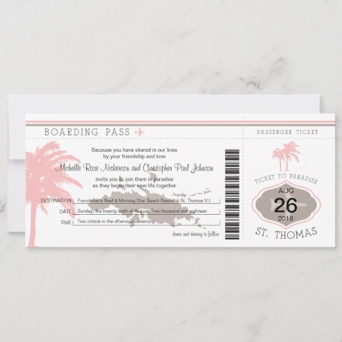 Boarding Pass to St Thomas Brown  Pink Invitation