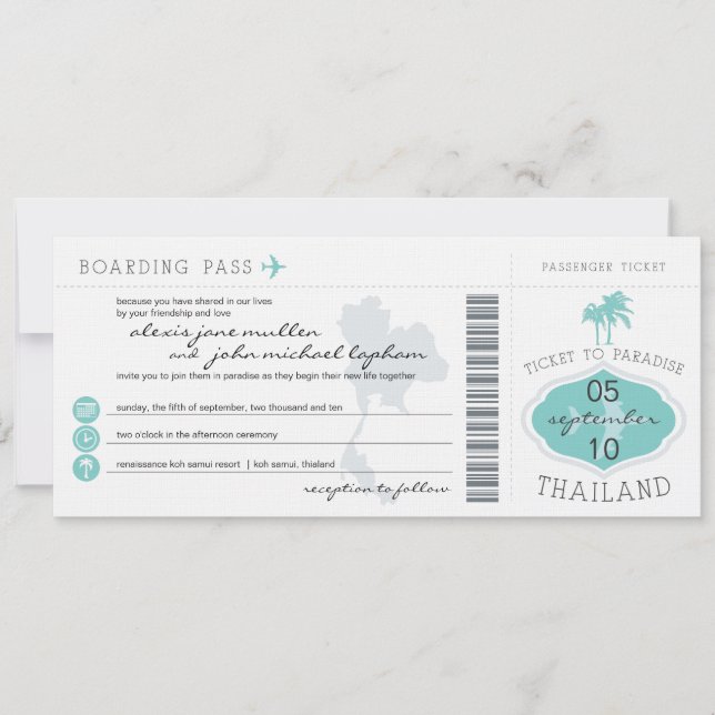 Boarding Pass to Thailand Wedding Invitation (Front)