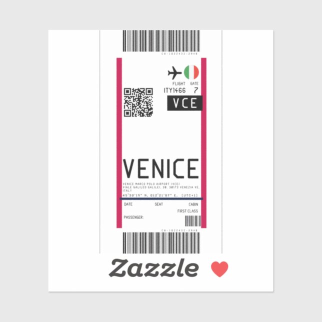 Boarding pass to Venice (VCE) Sticker (Sheet)