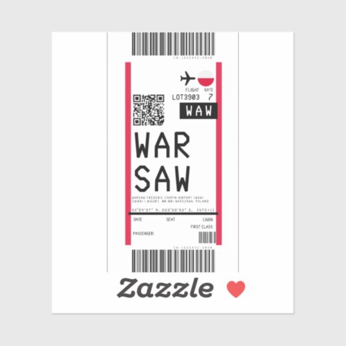 Boarding pass to Warsaw WAW Sticker