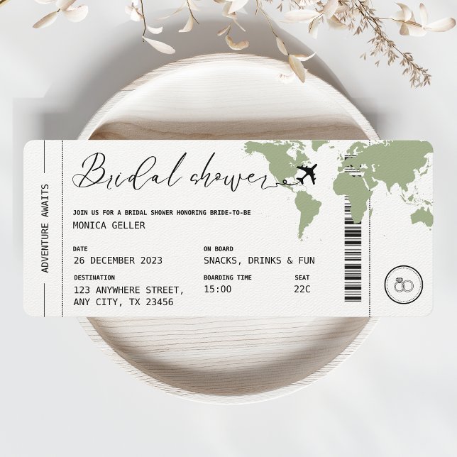 Boarding Pass Travel Bridal Shower Sage Green Invitation (bridal shower boarding pass invitation sage green)