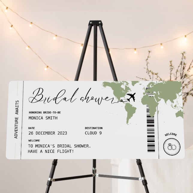 Boarding pass Travel Bridal Shower Sage Welcome Foam Board (In Situ (Stand))