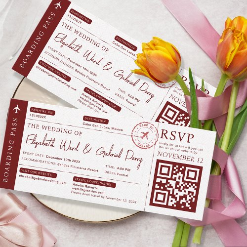 Boarding Pass Travel Burgundy Wedding Invitation