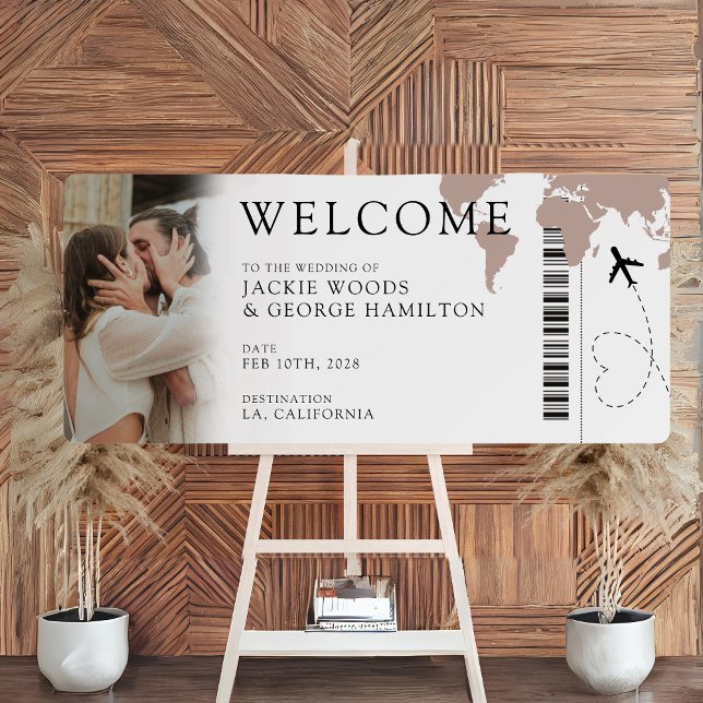 Boarding pass Travel Photo Wedding Welcome Sign (Boarding Pass Photo Destination Wedding Welcome Sign Travel Inspired Passport World Map Unique)