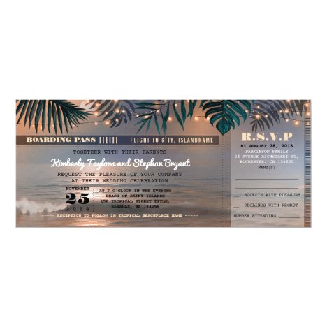 Boarding Pass Tropical Beach Lights Wedding Ticket Card