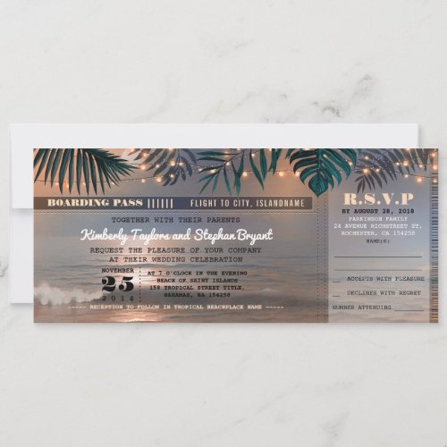 Boarding Pass Tropical Beach Lights Wedding Ticket Invitation