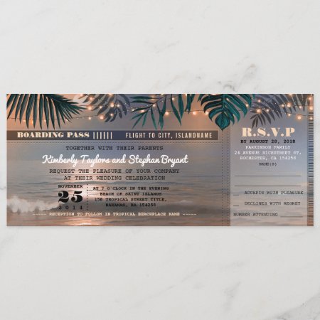 Boarding Pass Tropical Beach Lights Wedding Ticket Invitation