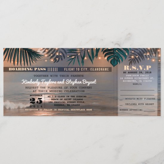Boarding Pass Tropical Beach Lights Wedding Ticket Invitation