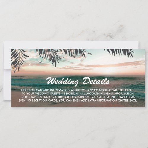 Boarding Pass Tropical Beach Wedding Details Invitation - Beach destination wedding detail cards with a tropical palm beach setting, string twinkle lights, and a modern wedding information template.

For further customization, please click the personalize button to modify this template. All text style, colors, and sizes can be modified to suit your needs. You will find other matching wedding items at my store www.zazzle.com/special_stationery, however if you can’t find what you are looking for please contact me.