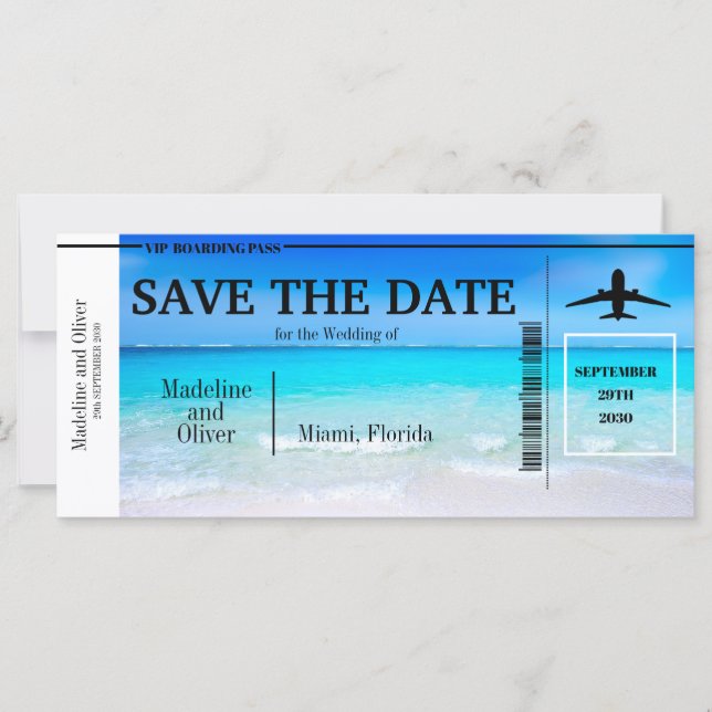Boarding Pass Tropical Beach Wedding Save The Date (Front)