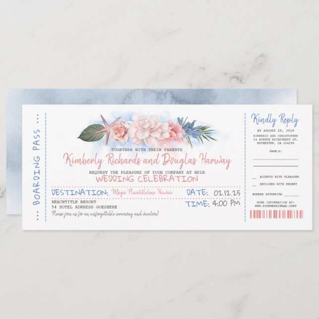 Boarding Pass | Tropical Beach | Wedding Ticket Invitation (Front/Back)