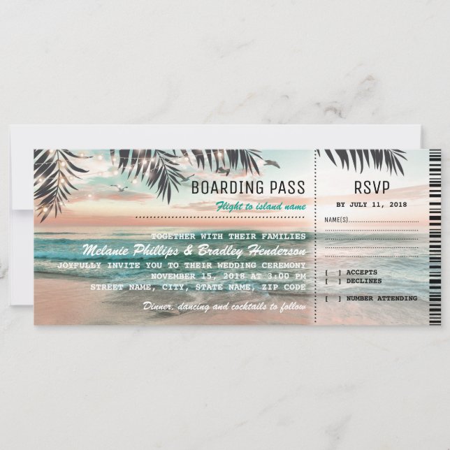 Boarding Pass Tropical Beach Wedding Tickets RSVP Invitation (Front)