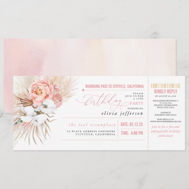 Boarding Pass Tropical Floral Birthday Ticket Invi Invitation (Front/Back)