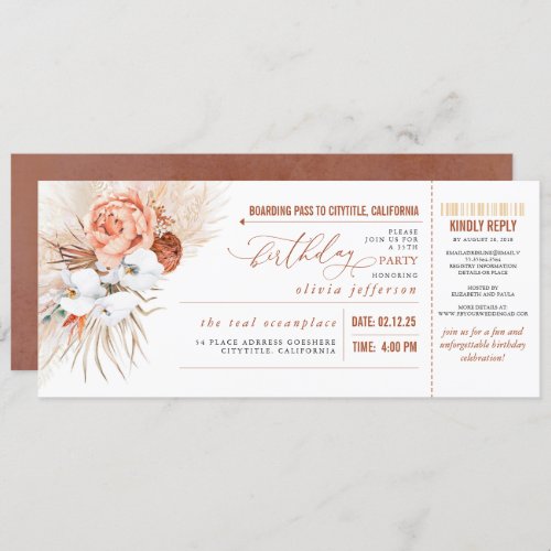 Boarding Pass Tropical Floral Birthday Ticket Invitation
