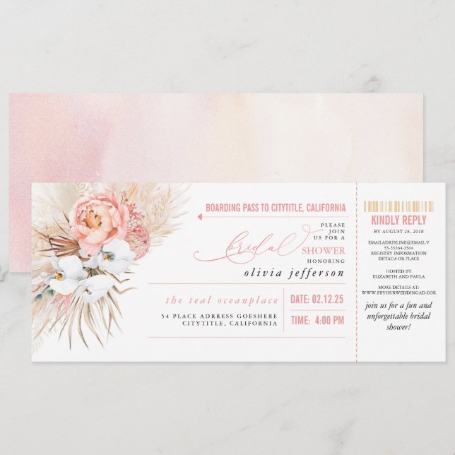 Boarding Pass Tropical Floral Bridal Shower Ticket Invitation (Front/Back)
