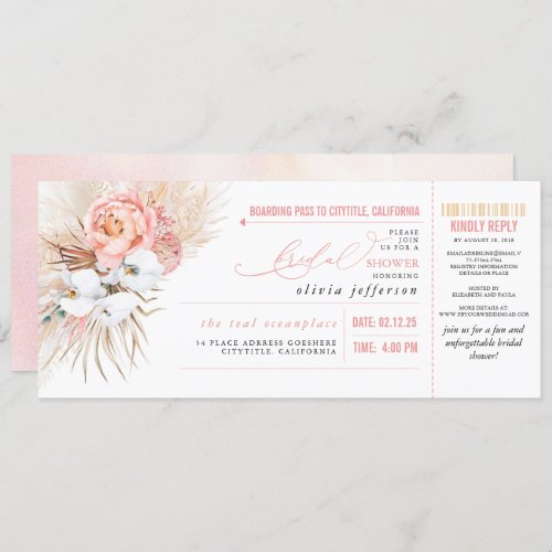 Boarding Pass Tropical Floral Bridal Shower Ticket Invitation