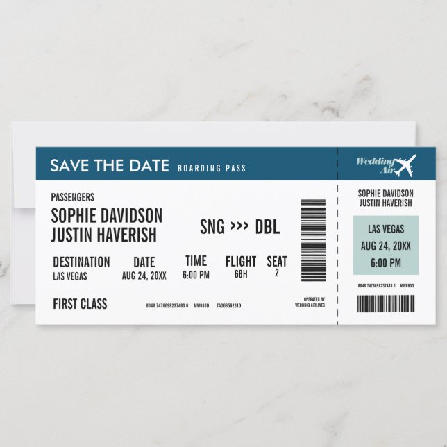 Boarding Pass Vintage Blue and White Save the Date (Front)