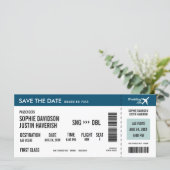 Boarding Pass Vintage Blue and White Save the Date (Standing Front)