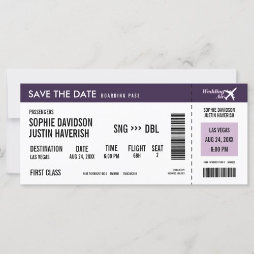 Boarding Pass Vintage Purple White Save the Date