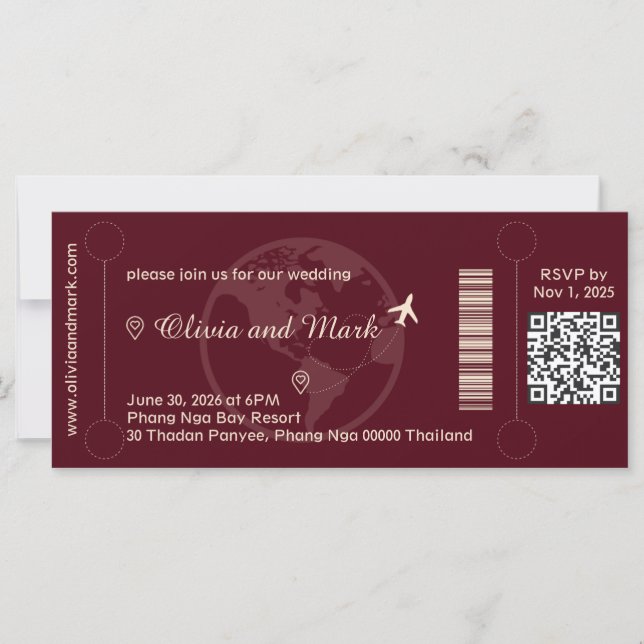 Boarding Pass Wedding Invitation – Burgundy & Cham (Front)