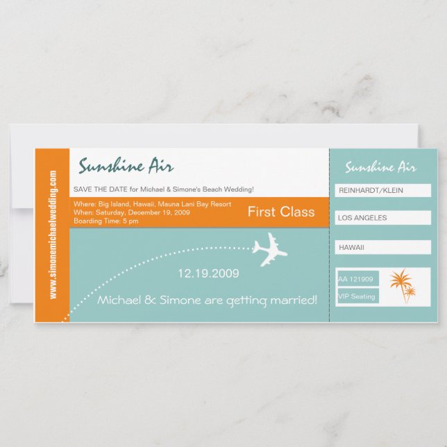 Boarding Pass Wedding Invitation green orange (Front)