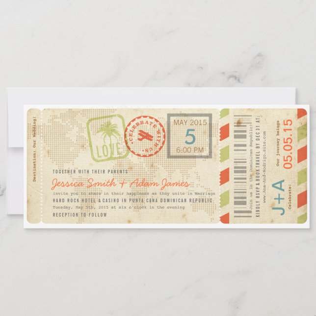 Boarding Pass Wedding Invitation in Citrus Colors (Front)