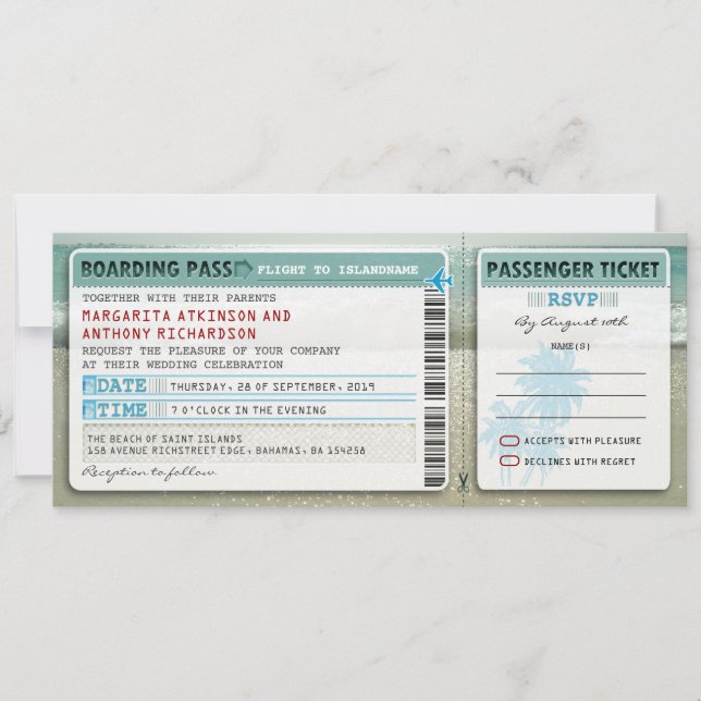 boarding pass wedding tickets-invites with rsvp invitation (Front)