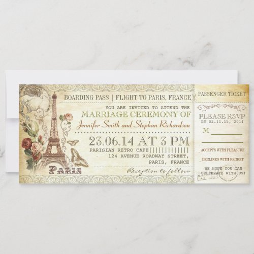 boarding pass wedding tickets to PARIS Invitation