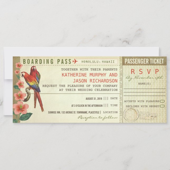 boarding pass wedding tickets with rsvp invitation (Front)